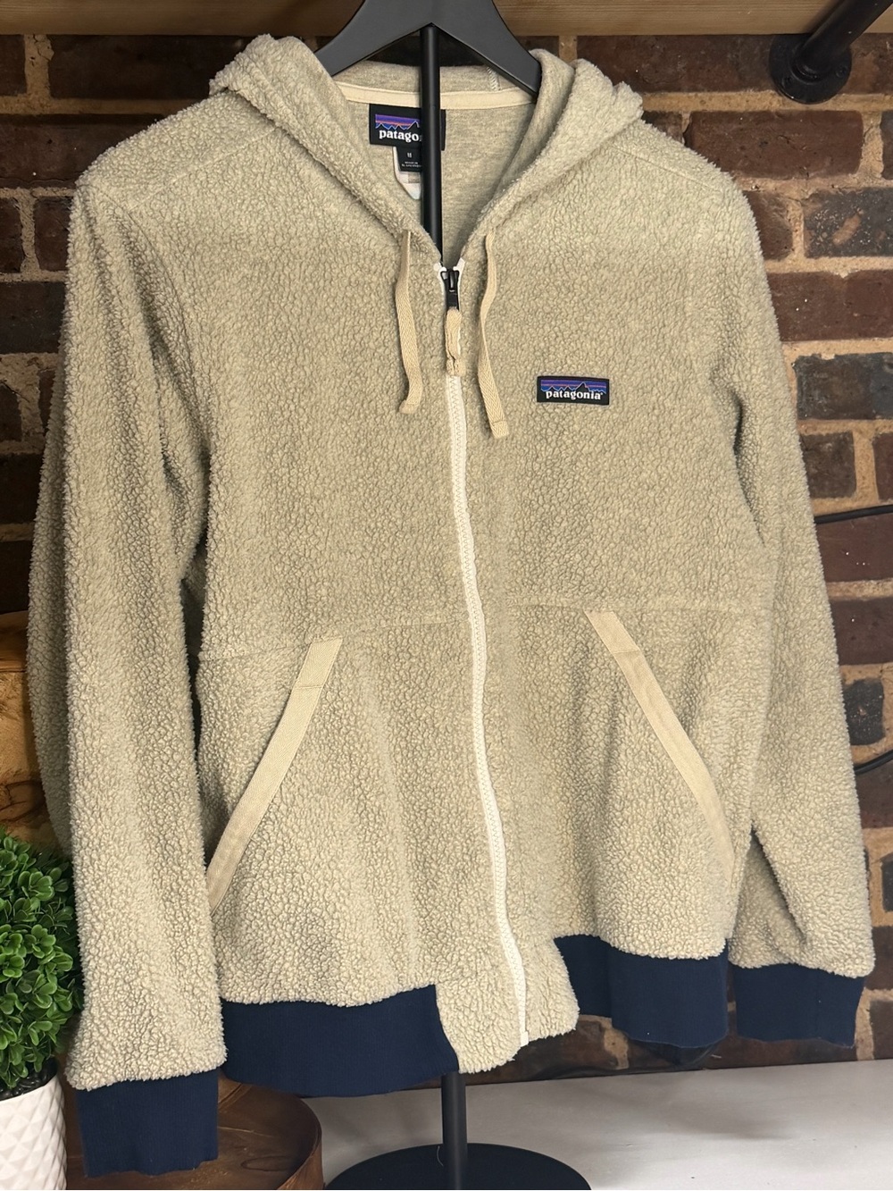 Patagonia Cream Sherpa Full-Zip Hoodie with Navy Trim